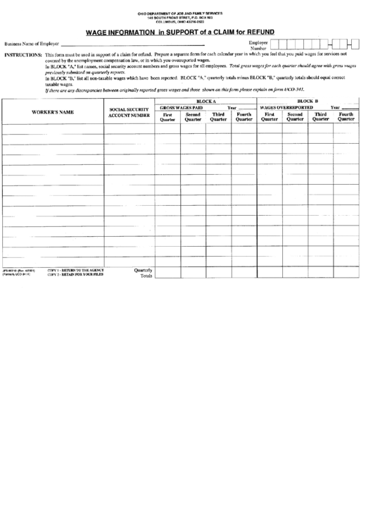 Form Jfs 66210 - Wage Information In Support Of Claim For Refund Form Printable pdf