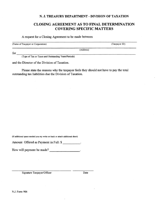 Form 906 - Closing Agreement As To Final Determination Covering Specific Matters Form Printable pdf