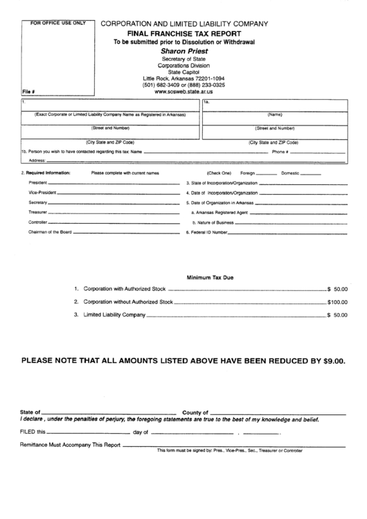 Final Franchise Tax Report Form Printable pdf