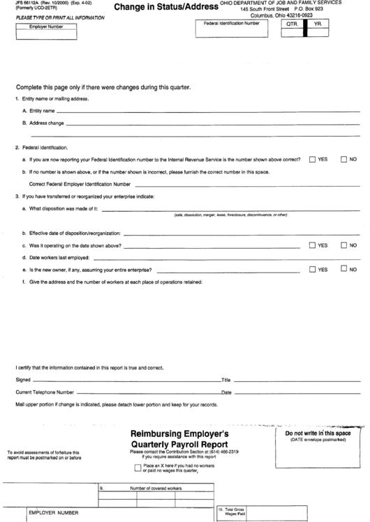 Form Jfs 66112a - Change In Status/address Form Printable pdf