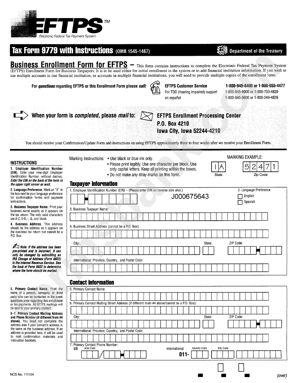 Form 9779 - Tax Form With Instruction - Department Of The Treasury