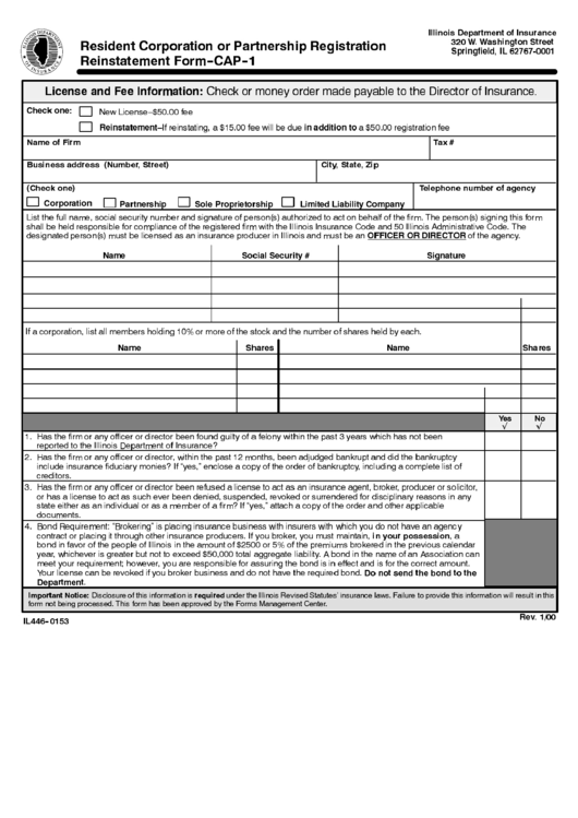 Form-Cap-1 - Resident Corporation Or Partnership Registration Reinstatement - Illinois Department Of Insurance Printable pdf