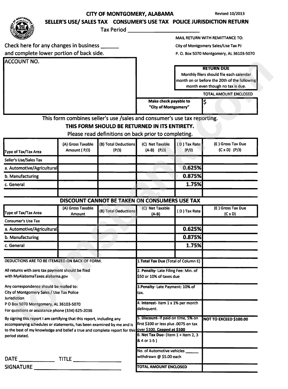Seller'S Use/ Sales Tax Consumer'S Use Tax Police Jurisdiction Return Form printable pdf download