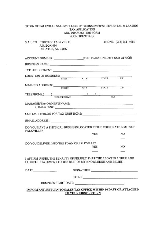 Tax Application And Information Form