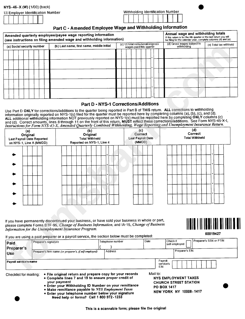 Form Nys - 45 - X (W) - Amended Quarterly Combined Withholding Wage Reporting And Unemployment Insurance Return Form
