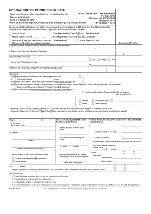 Form A-101 - Application For Permit/certificate Printable pdf