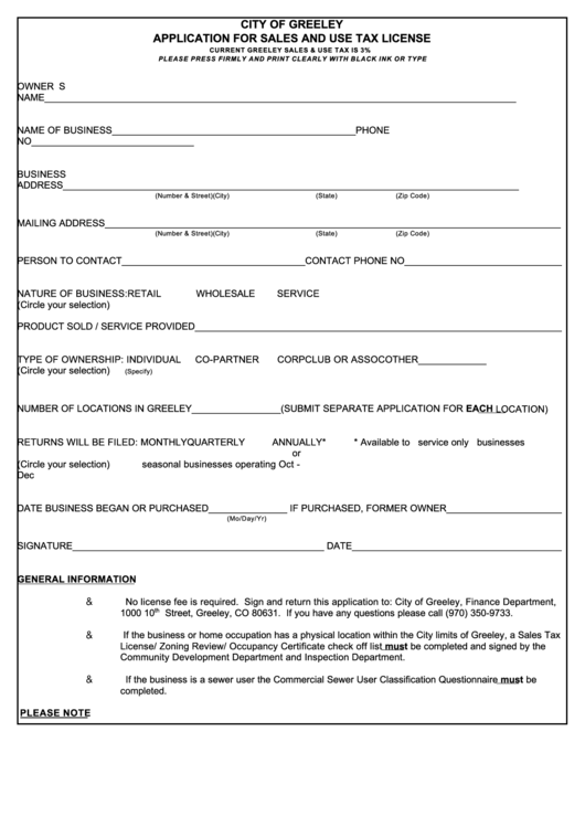Application Form For Sales And Use Tax License - City Of Greeley, Finance Department, Colorado Printable pdf