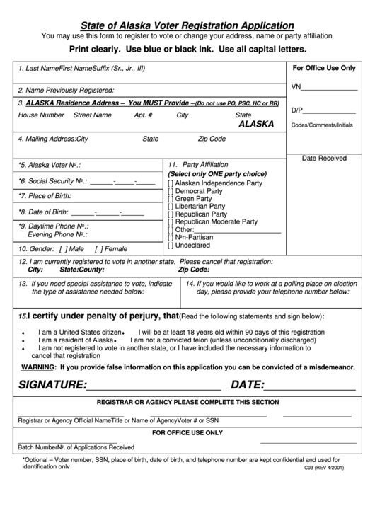Form C03 - State Of Alaska Voter Registration Application Printable pdf