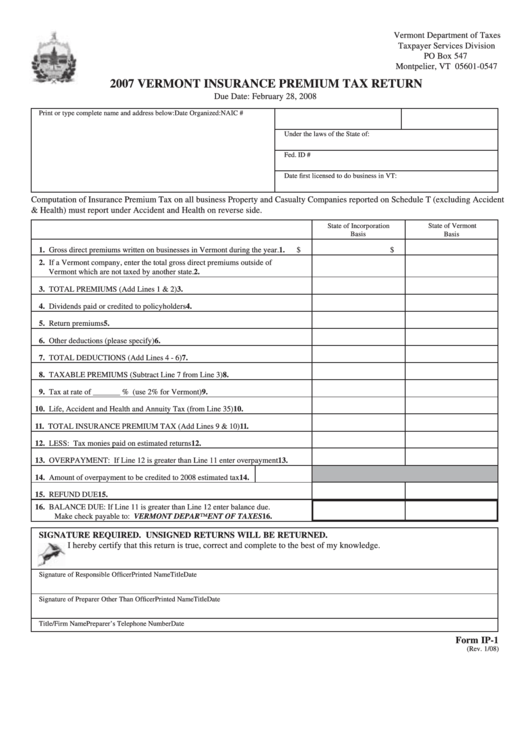 Form Ip-1 - Insurance Premium Tax Return - 2007 Printable pdf