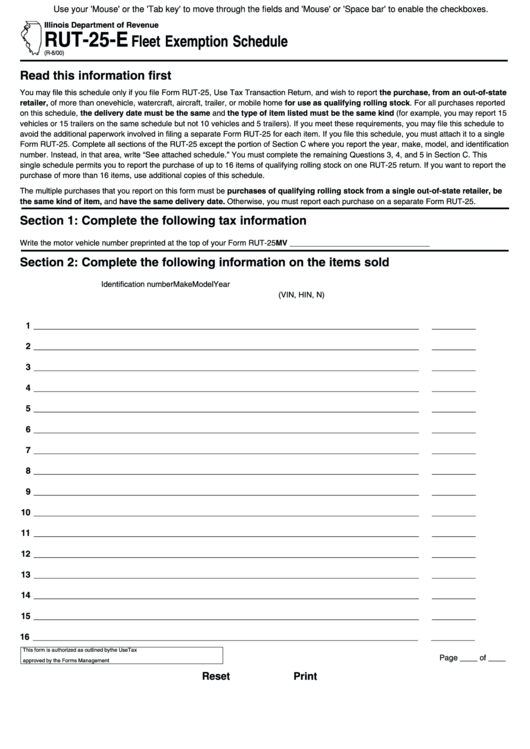 Fillable Form Rut-25-E - Fleet Exemption Schedule Printable pdf
