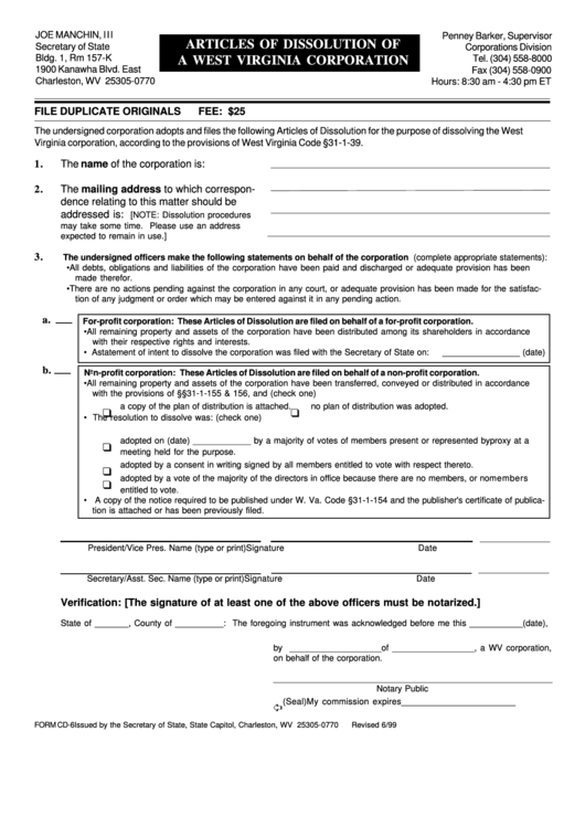 Form Cd-6 - Articles Of Dissolution Of A West Virginia Corporation - Secretary Of State, State Capitol, Charleston, Wv