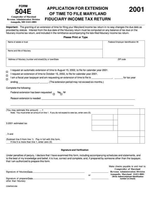 Fillable Form 504e - Application For Extension Of Time To File Maryland ...