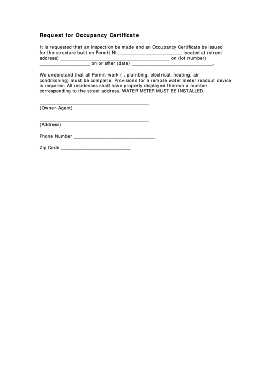 Request Form For Occupancy Certificate Printable pdf