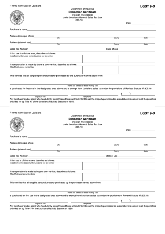 Form Lgst 9-D - Exemption Certificate (Foreign Purchasers) Under Louisiana General Sales Tax Law R.s. 47:305.10 - Department Of Revenue Of State Of Louisiana Printable pdf