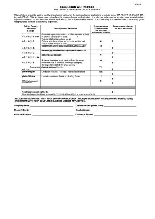 Form 8ta-Ex - Exclusion Worksheet For Use With The Fairfax County 2006 Bpol Printable pdf
