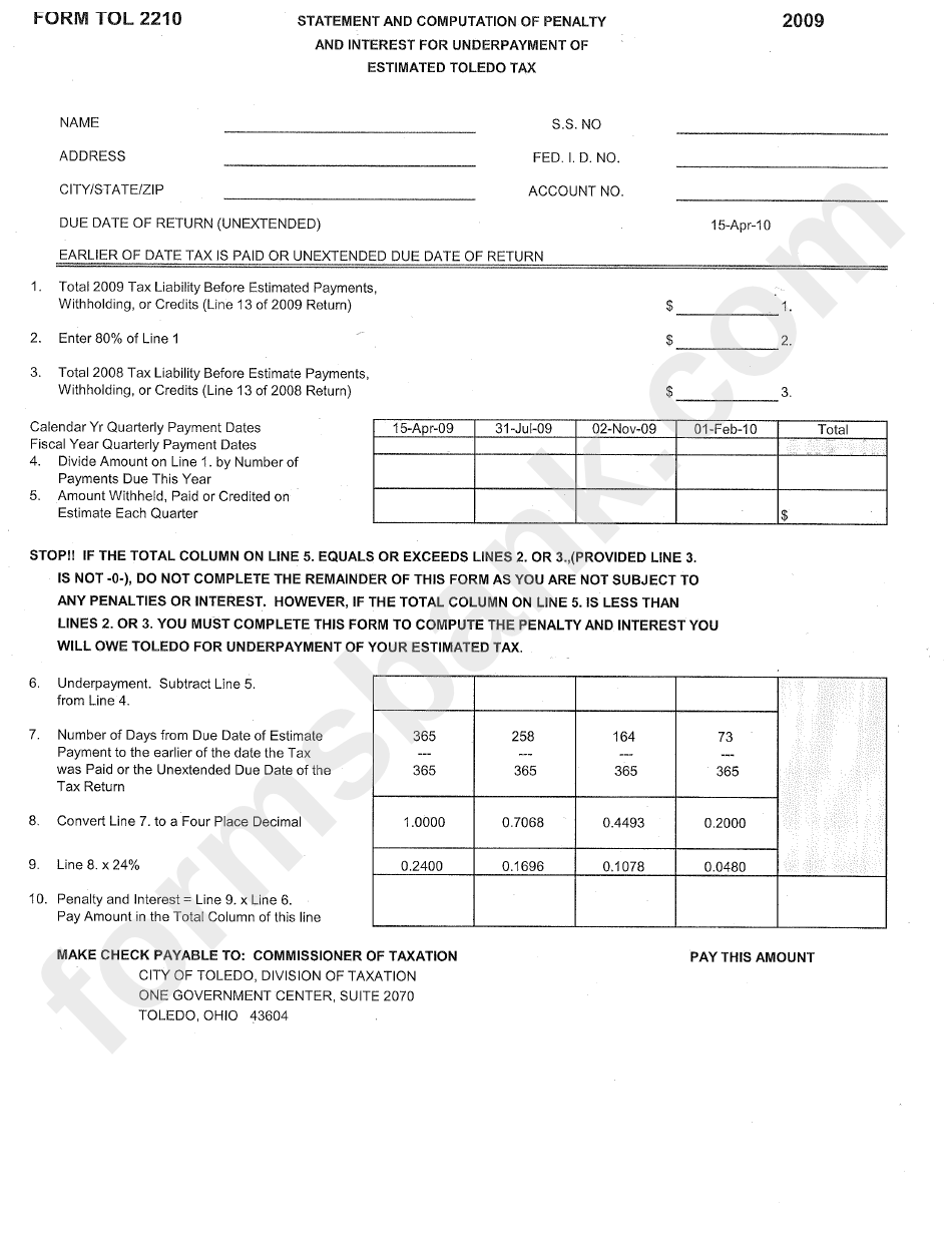 Form Tol 2210 - Statement And Computation Of Penalty And Interest