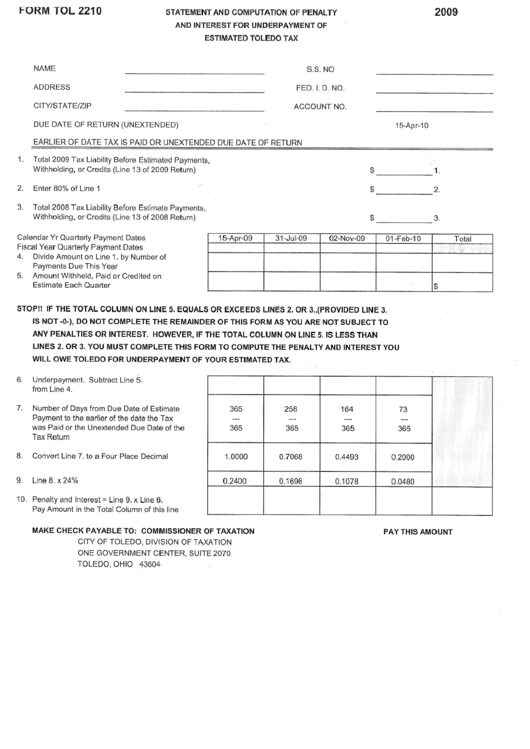 Form Tol 2210 - Statement And Computation Of Penalty And Interest Printable pdf