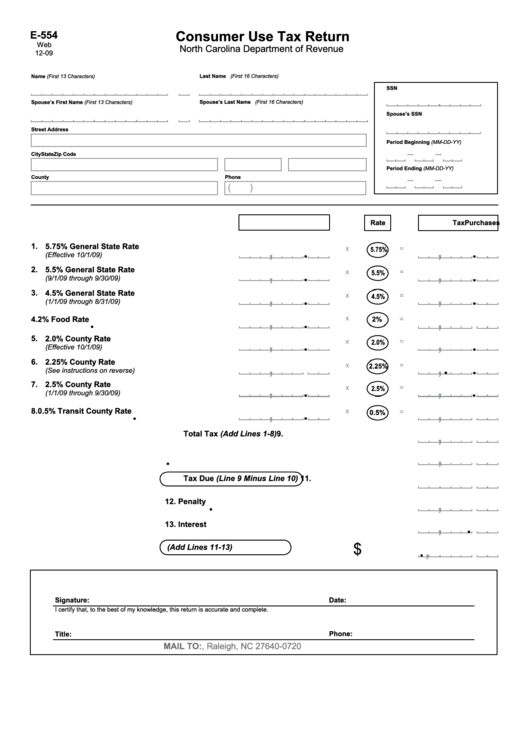 Form E-554 - Consumer Use Tax Return December 2009 Printable pdf