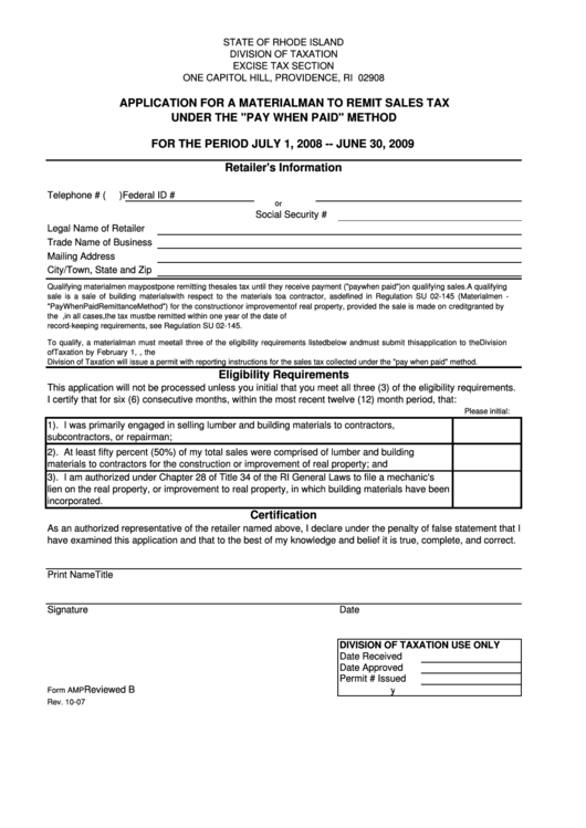 Form Amp - Application For A Materialman To Remit Sales Tax Printable pdf