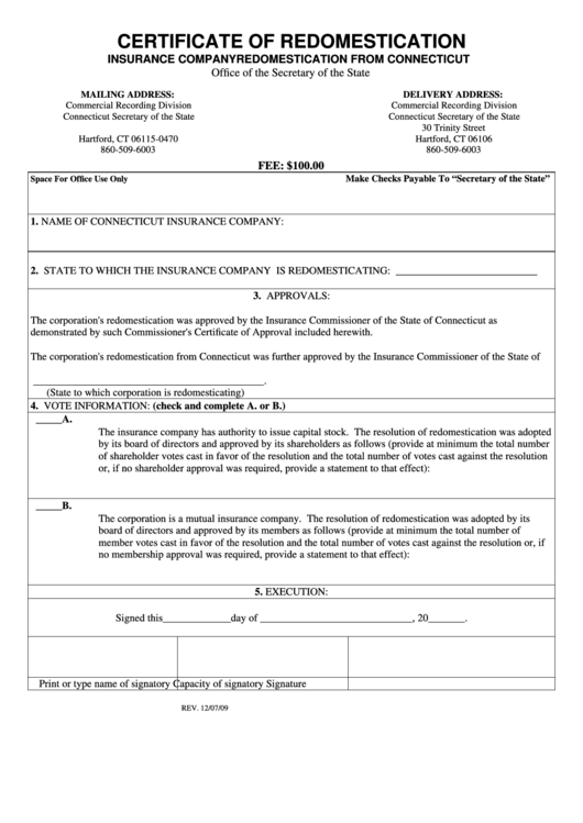 Certificate Of Redomestication Form - Office Of The Secretary Of The State Printable pdf