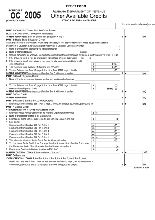Fillable Schedule Oc (Form 40 Or 40nr) - Other Available Credits - Alabama Department Of Revenue - 2005 Printable pdf