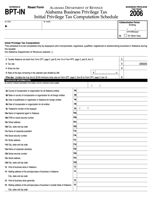 Fillable Form Bpt-In - Alabama Business Privilege Taxinitial Privilege Tax Computation Schedule - 2006 Printable pdf