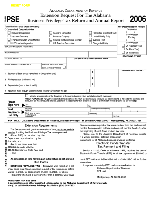 Fillable Form Pse - Extension Request For The Alabama Business Privilege Tax Return And Annual Report - 2006 Printable pdf