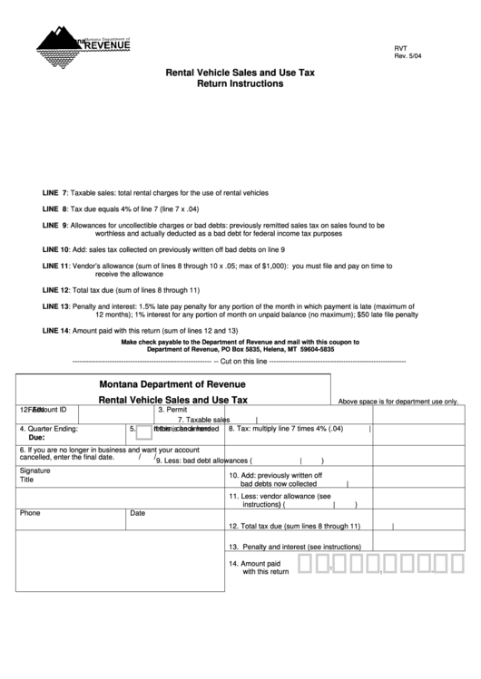 Fillable Form Rvt - Rental Vehicle Sales And Use Tax Return May 2004 Printable pdf