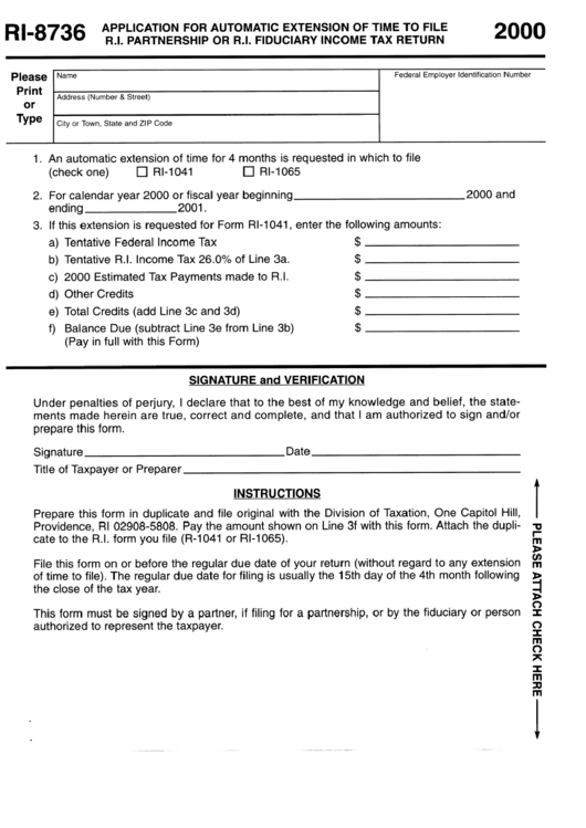 Form Ri-8736 - Application For Automatic Extension Of Time To File R.i. Partnership Or R.i. Fiduciary Income Tax 2000 Printable pdf