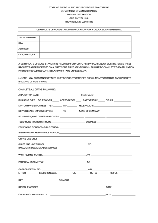 Certificate Of Good Standing Application For A Liquor License Renewal Form Printable pdf