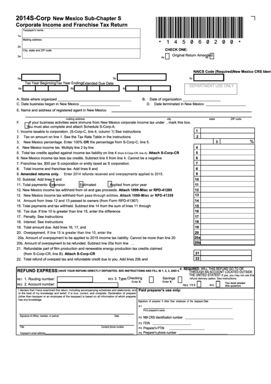 Form S-Corp - New Mexico Corporate Income And Franchise Tax Return - 2014 Printable pdf