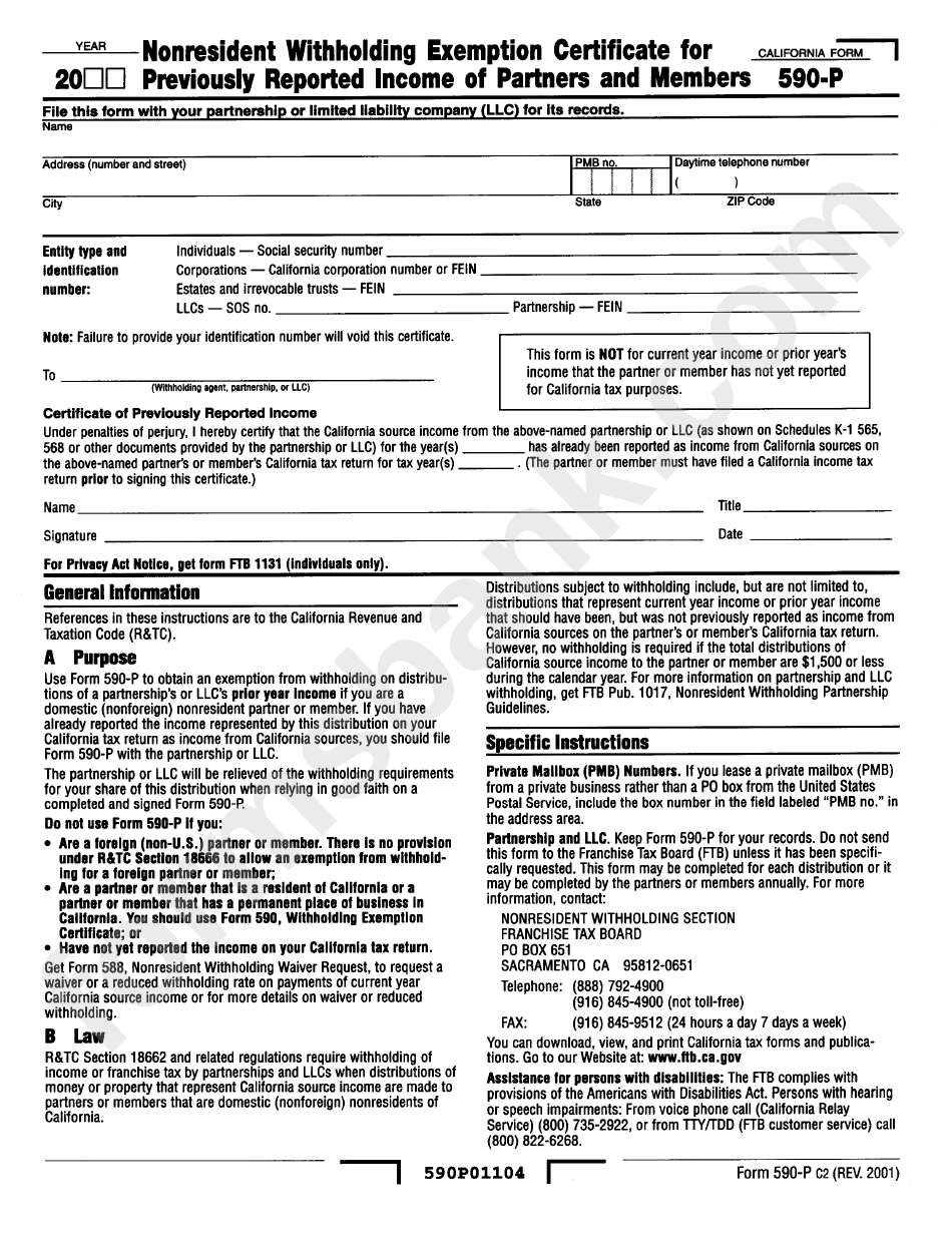 Form 590-P - Nonresident Withholding Exemption Certificate For Previously Reported Income Of Partners And Members California