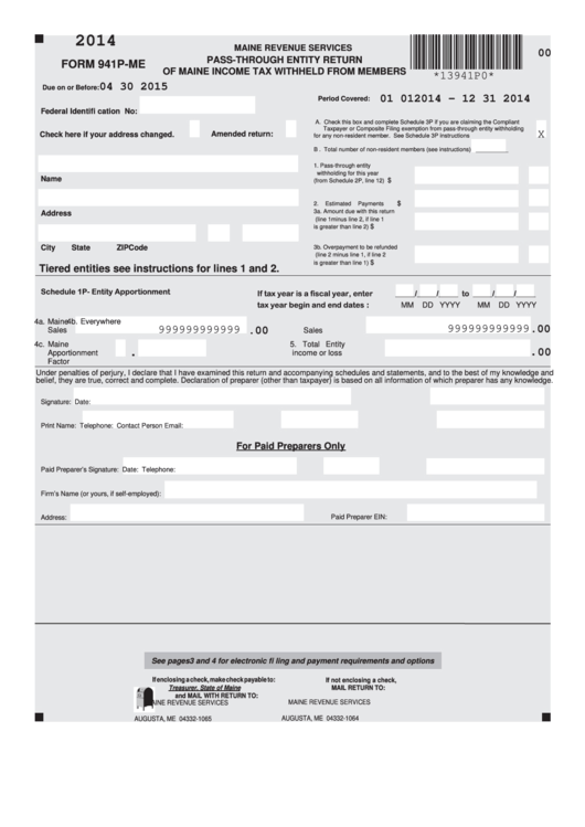 Form 941p-Me - Pass-Through Entity Return Of Maine Income Tax Withheld From Members - 2014 Printable pdf