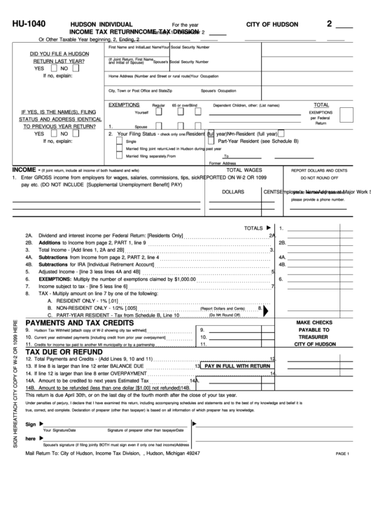 Form 1040-Mj - Hudson Individual Income Tax Return - Income Tax Division Printable pdf