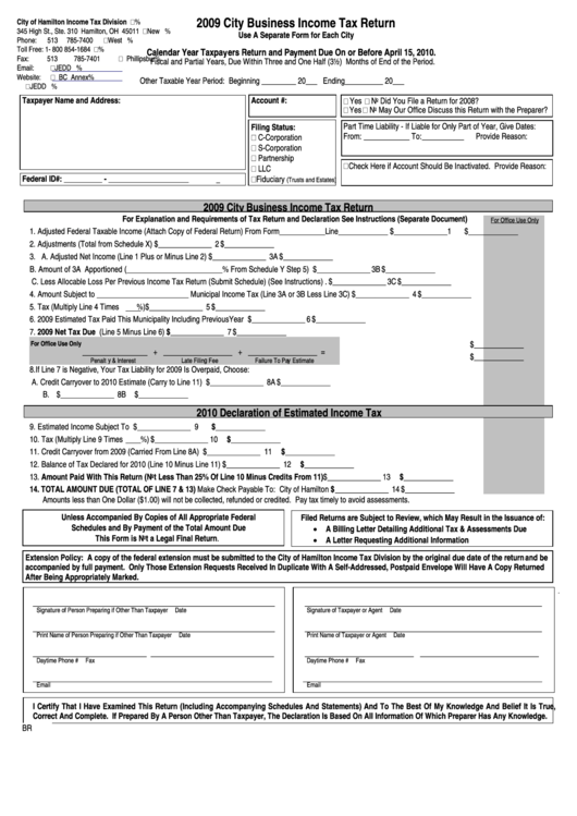 City Business Income Tax Return Form - City Of Hamilton - 2009 Printable pdf