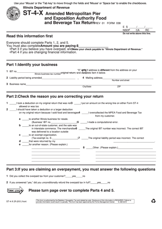 Fillable Form St-4-X - Amended Metropolitan Pier And Exposition Authority Food And Beverage Tax Return - 2001 Printable pdf