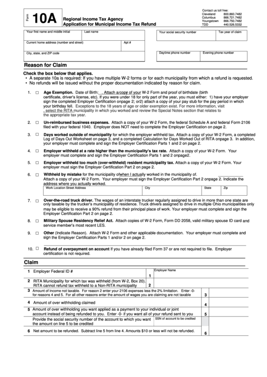 Form 10a - Regional Income Tax Agency Application For Municipal Income Tax Refund Printable pdf