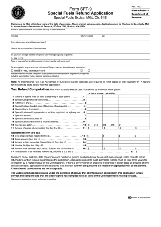 Form Sft-9 - Special Fuels Refund Application Printable pdf