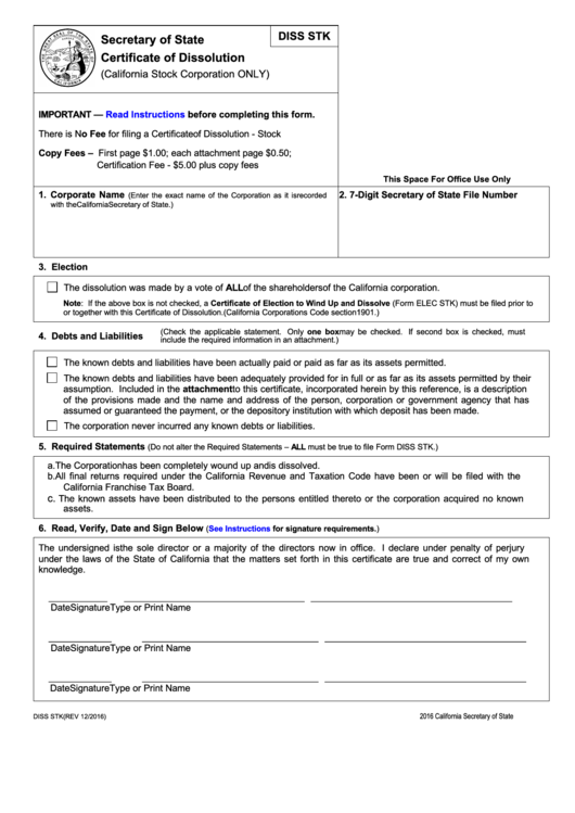 Fillable Form Diss Stk - Certificate Of Dissolution - California Secretary Of State Printable pdf