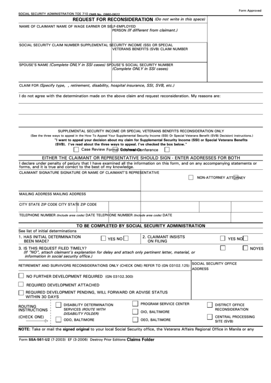 Form Ssa-561-U2 - Request For Reconsideration Form Printable pdf