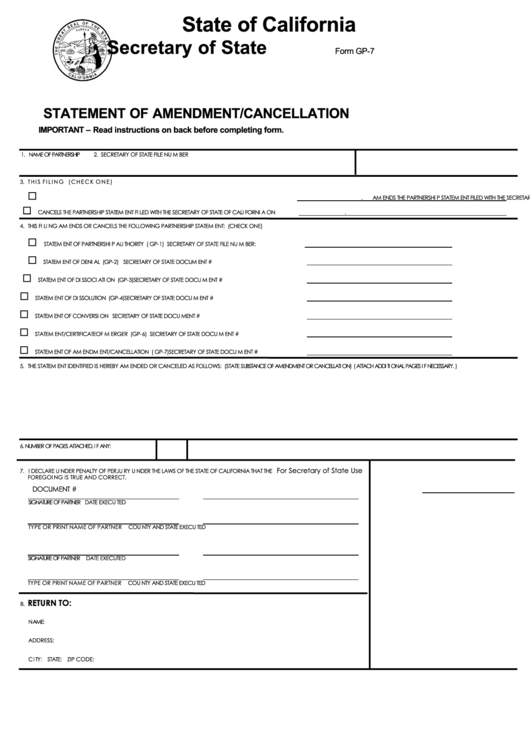 Fillable Form Gp-7 - Statement Of Amendment/cancellation - California Secretary Of State Printable pdf