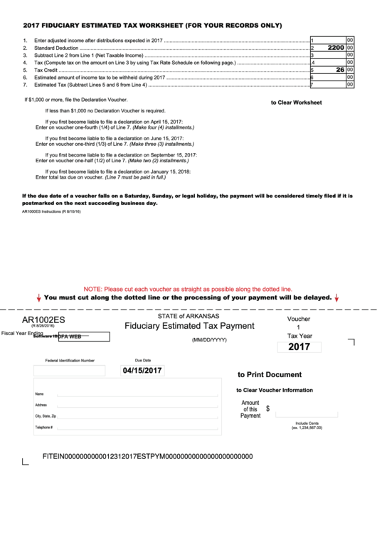 Fillable Form Ar1002es - Fiduciary Estimated Tax Payment - 2017 Printable pdf