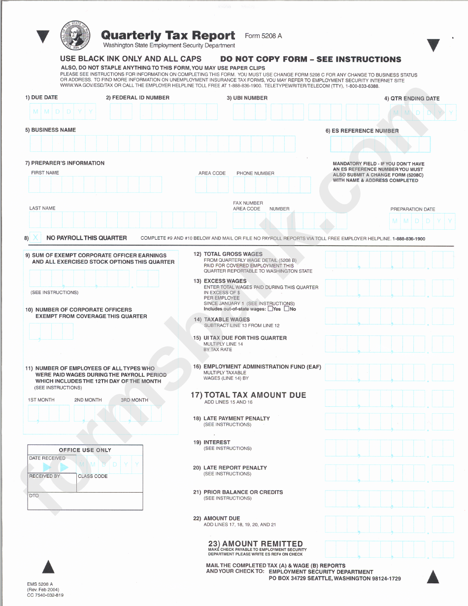 Form 5208 A - Quarterly Tax Report