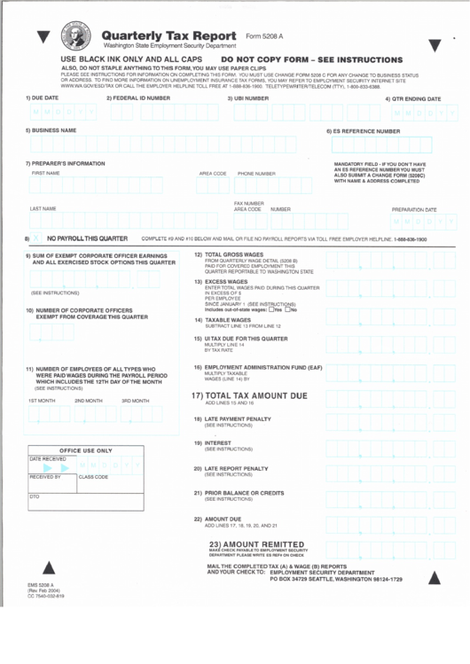 Form 5208 A - Quarterly Tax Report Printable pdf