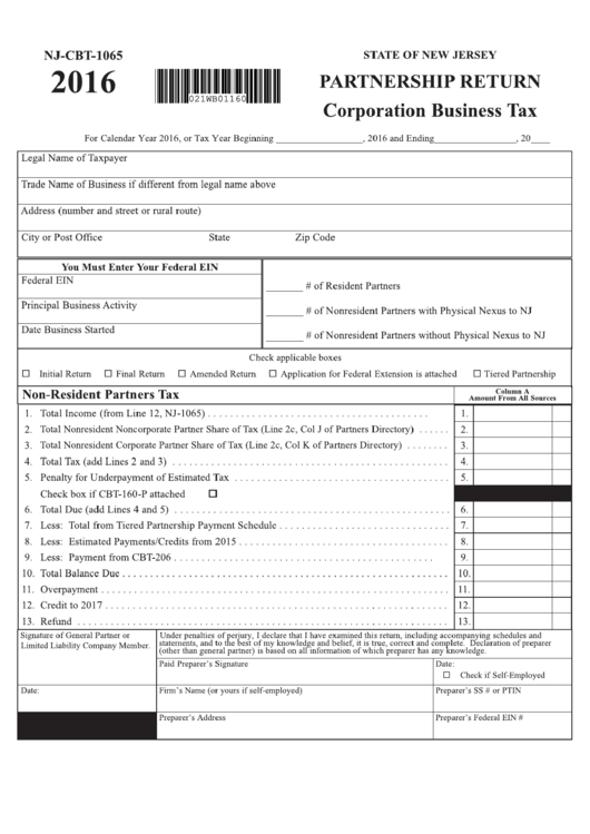 Fillable Form Nj Cbt- 1065 - Partnership Return Corporation Business Tax - 2016 Printable pdf