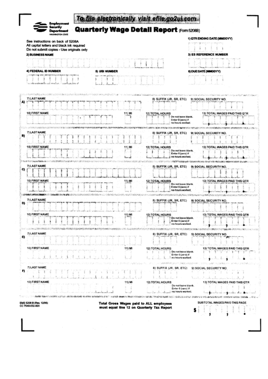 Form 5208b - Quarterly Wage Detail Report Printable pdf