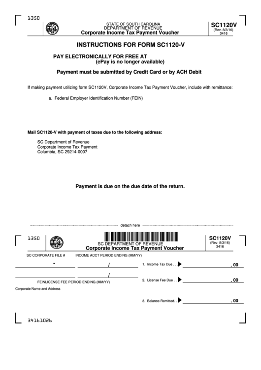 Form Sc1120-V - Corporate Income Tax Payment Voucher South Carolina - Department Of Revenue Printable pdf