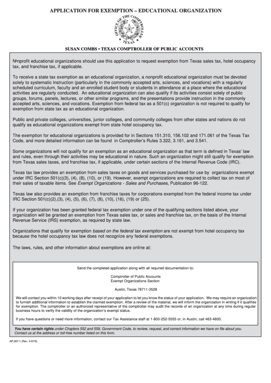 Fillable Form Ap-207-2 - Application For State Tax Exemption Printable pdf