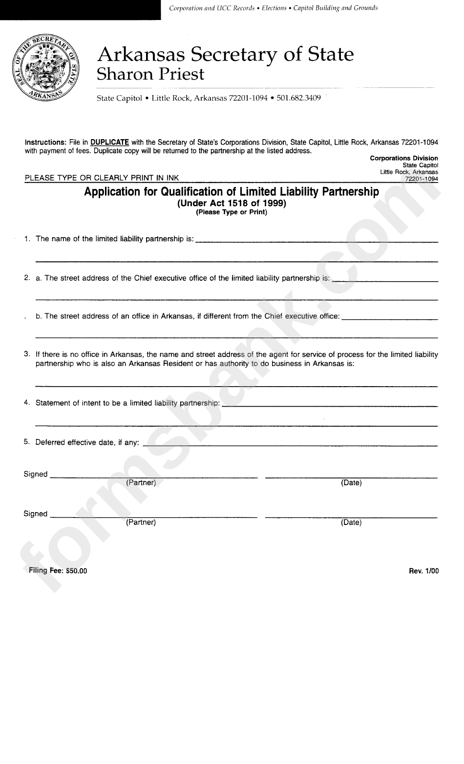 Application For Qualification Of Limited Liability Partnership Form Arkansas - Secretary Of State