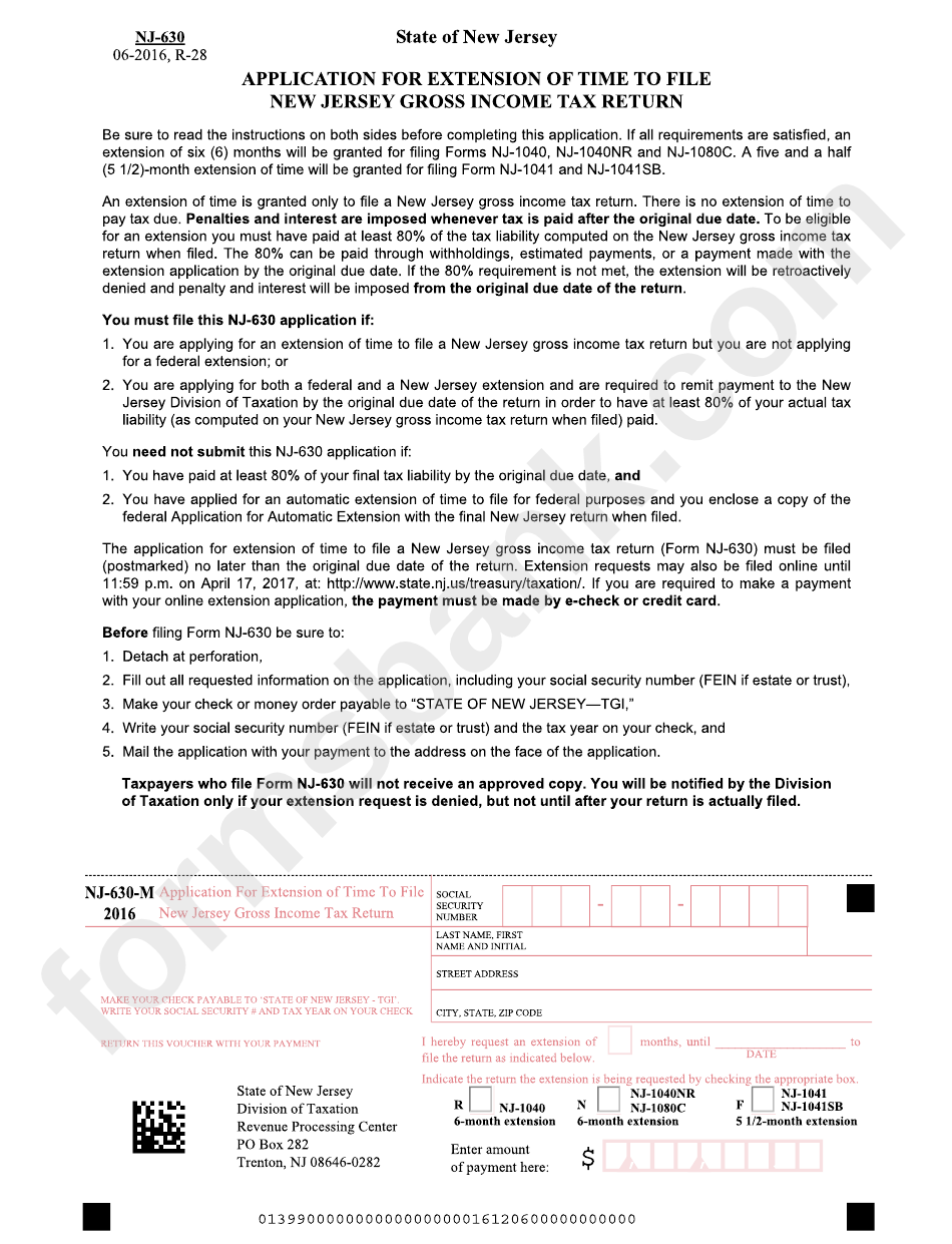 Fillable Form Nj - 630 - M - Application For Extension Of Time To File ...